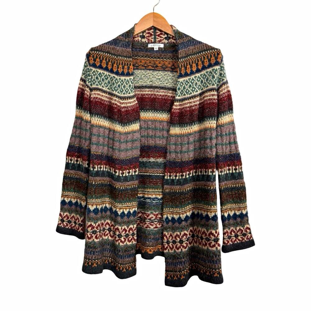 Orvis Women’s Multicolor Fair Isle Knit Open Front Long Sleeve Cardigan Sweater